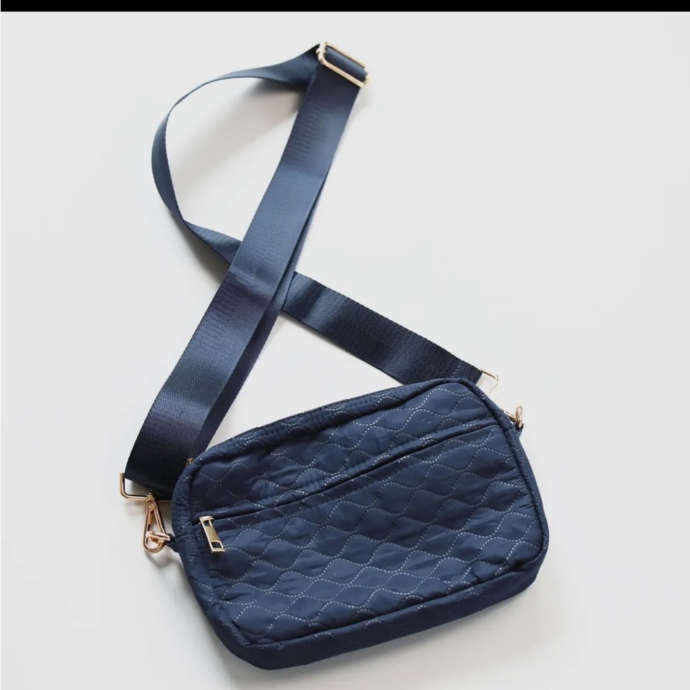 Navy Quilted Crossbody Bag. Includes a Navy Strap and a White & Navy Strap